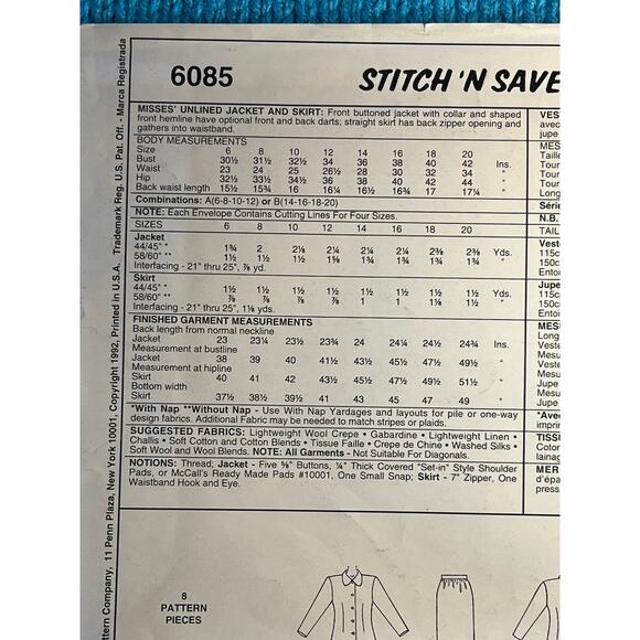 McCalls pattern 6085 suit blazer jacket straight skirt size 6 8 10 12 - Picture 4 of 6